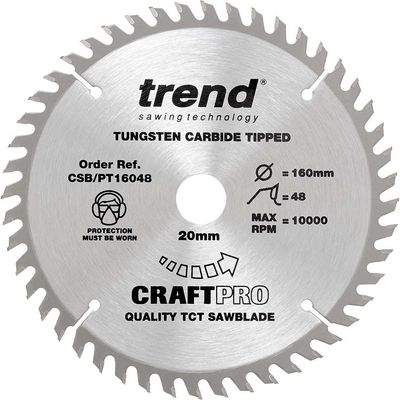 Trend Craftpro 160Mm Diameter 20Mm Bore 48 Tooth Fine Finish Cut Saw Blade For Plunge Saws Pk 1 CSB/PT16048