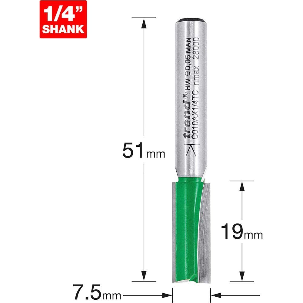 Trend CRAFTPRO Two Flute Straight Router Cutter 7.5mm 25.4mm 1/4" - Image 1