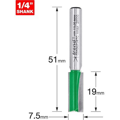 Trend CRAFTPRO Two Flute Straight Router Cutter 7.5mm 25.4mm 1/4"