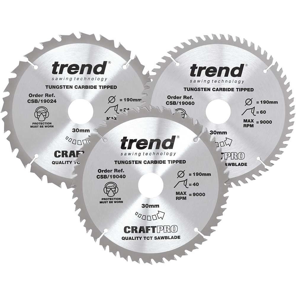 Trend CSB/190/3PK Craftpro Saw Blade 190 X 30Mm X 24T/40T/60T (Pack 3) - Image 1