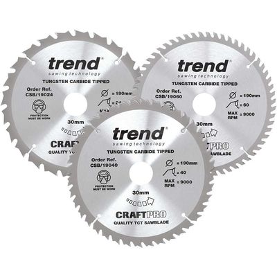 Trend CSB/190/3PK Craftpro Saw Blade 190 X 30Mm X 24T/40T/60T (Pack 3)