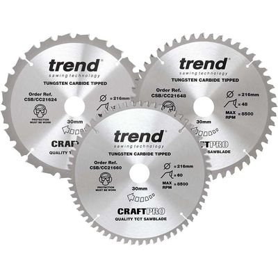 Trend CSB/CC216/3PK Craftpro Mitre Saw Blade 216 X 30Mm X 24T/48T/60T (Pack 3)