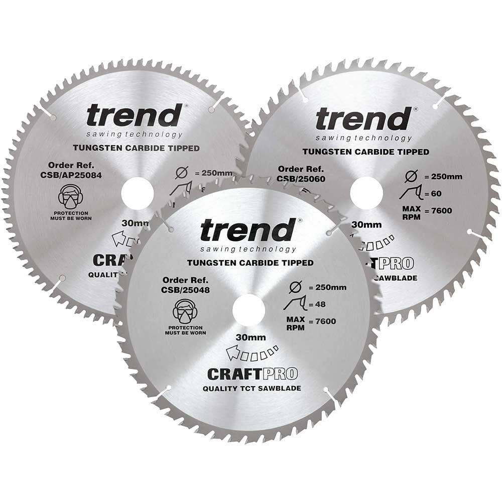 Trend CSB/250/3PK Craftpro Table Saw Blade 250 X 30Mm X 48T/60T/84T (Pack 3) - Image 1