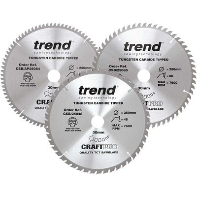 Trend CSB/250/3PK Craftpro Table Saw Blade 250 X 30Mm X 48T/60T/84T (Pack 3)