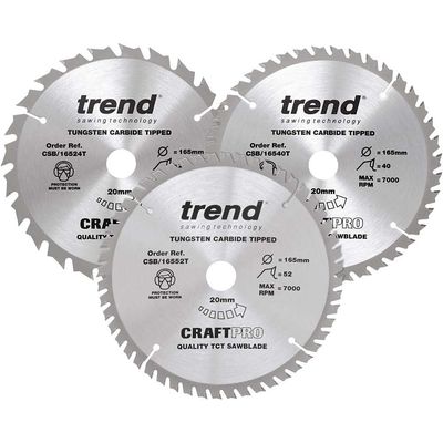 Trend CSB/165/3PK/B Craftpro Cordless Saw Blade 165 X 20Mm X 24T/40T/52T (Pack 3)