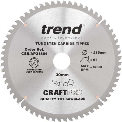 Trend Craft Saw Blade Aluminium And Plastic 215Mm X 64 Teeth X 30Mm Pk 1 CSB/AP21564