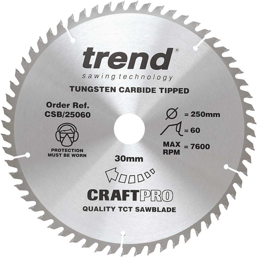 Trend Craft Pro 250Mm Diameter 30Mm Bore 60 Tooth Fine Finish Cut Saw Blade For Table Saws Pk 1 CSB/25060 - Image 1