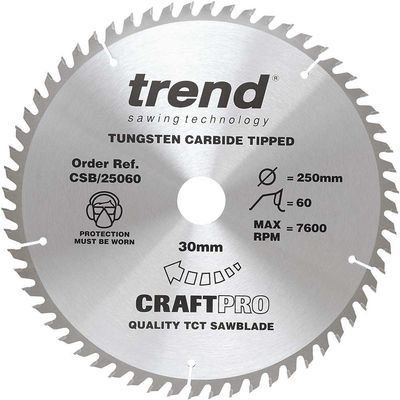 Trend Craft Pro 250Mm Diameter 30Mm Bore 60 Tooth Fine Finish Cut Saw Blade For Table Saws Pk 1 CSB/25060