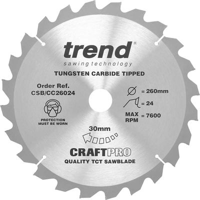 Trend Craft Saw Blade Crosscut 260Mm X 24 Teeth X 30Mm Pk 1 CSB/CC26024