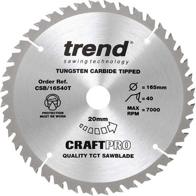 Trend Craft Pro 165Mm Diameter 20Mm Bore 40 Tooth Fine Finish Cut Thin Kerf Saw Blade For Cordless Circular Saws Pk 1 CSB/16540T