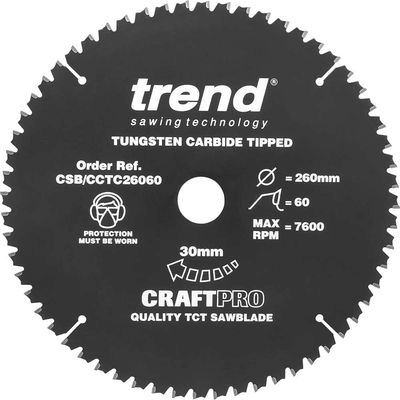 Trend CRAFTPRO Non Stick Wood Cutting Mitre Saw Blade 260mm 60T 30mm