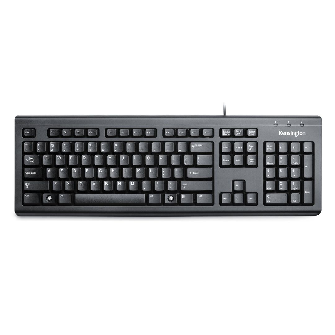 Kensington ValuKeyboard - Wired. Keyboard form factor: Full-size (100%). Keyboard style: Straight. Connectivity technology: Wired Device interface: USB Keyboard layout: QWERTY. Cable length: 1.5 m. Recommended usage: Office. Product colour: Black - Image 1