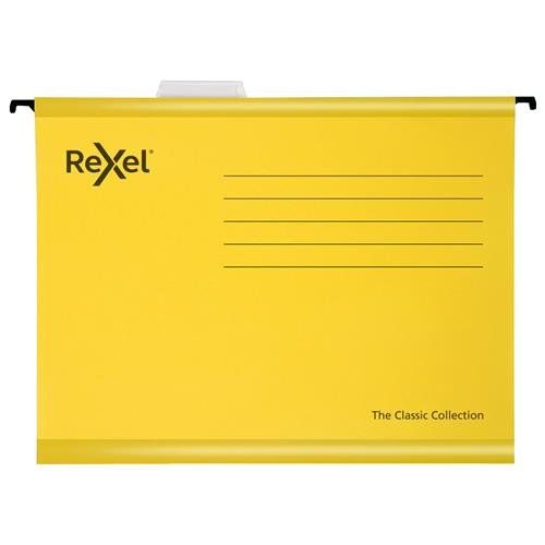 Rexel Classic Foolscap Reinforced Suspension Files V base 15mm Yellow PK25 - 2115593 - Image 1