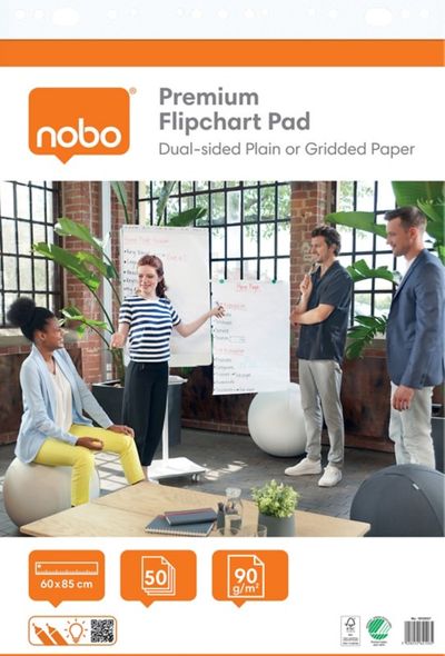 Nobo Premium Flipchart Pad 60x85cm. Dual-Sided Plain or Gridded Paper.