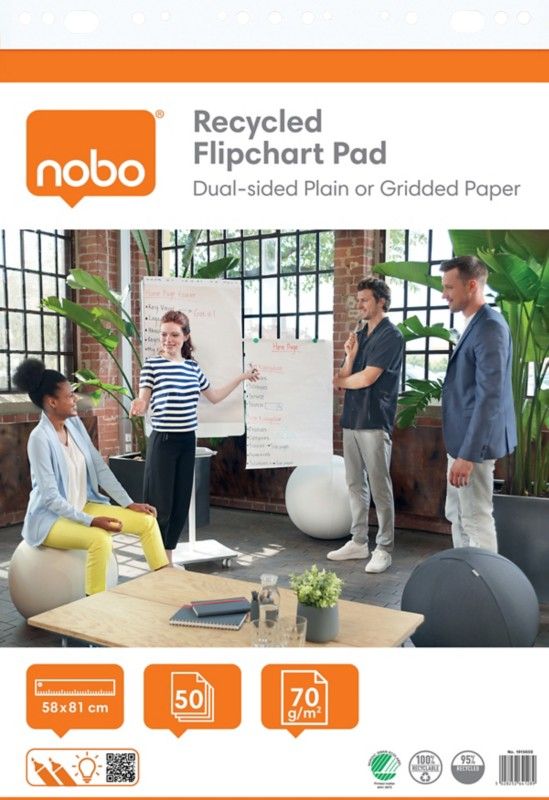 Nobo Recycled Flipchart Pad 58x81cm. Dual-Sided Plain or Gridded Paper - Image 1
