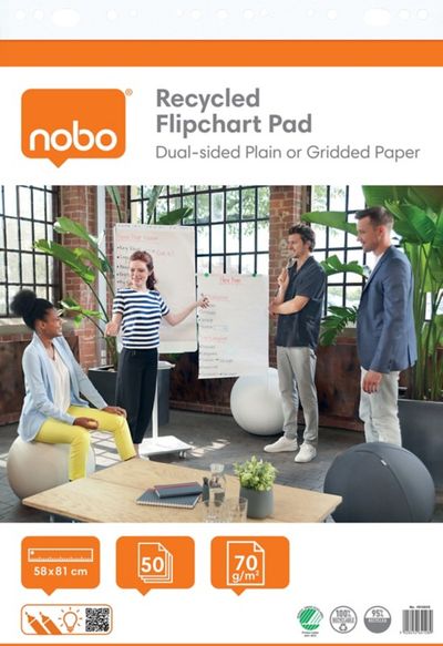 Nobo Recycled Flipchart Pad 58x81cm. Dual-Sided Plain or Gridded Paper