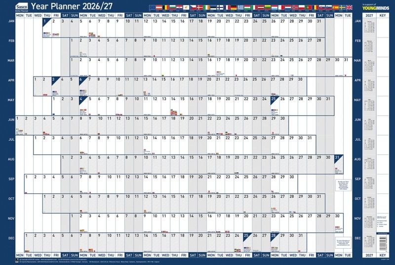 Sasco 2026 EU Year Wall Planner 915W x 610mmH With Wet Wipe Pen & Sticker Pack Board Mounted - 2410269 - Image 1