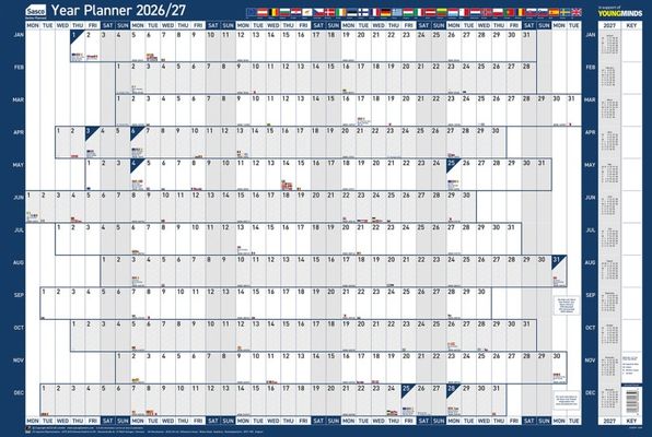 Sasco 2026 EU Year Wall Planner 915W x 610mmH With Wet Wipe Pen &amp; Sticker Pack Board Mounted - 2410269