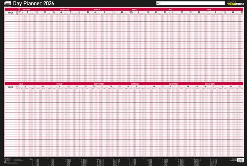 Sasco 2026 Day Wall Planner 915W x 610mmH With Wet Wipe Pen & Sticker Pack Board Mounted - 2410271 - Image 1
