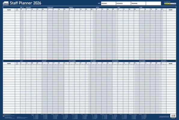 Sasco 2026 Staff Year Wall Planner 915W x 610mmH With Wet Wipe Pen & Sticker Pack Board Mounted - 2410275