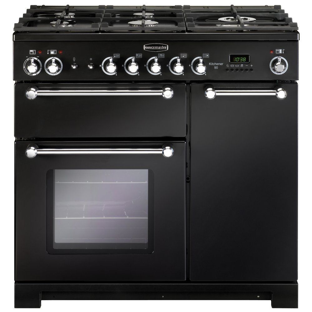 Rangemaster KCH90DFFBLC Kitchener 90cm Duel Fuel Range Cooker - Black - Image 1