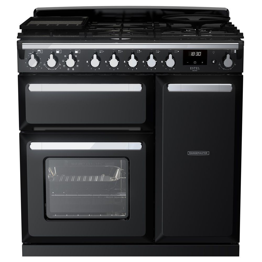 Rangemaster Estel Deluxe 90cm Dual Fuel Range Cooker - Gloss Black + Chrome - Image 1