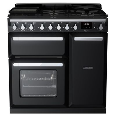 Rangemaster Estel Deluxe 90cm Dual Fuel Range Cooker - Gloss Black + Chrome