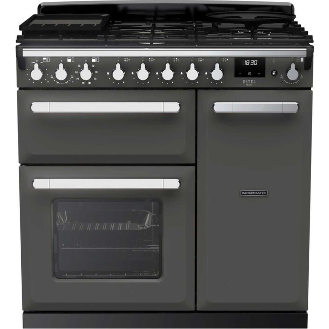 Rangemaster Estel Deluxe 90cm Dual Fuel Range Cooker - Slate + Chrome - Image 1
