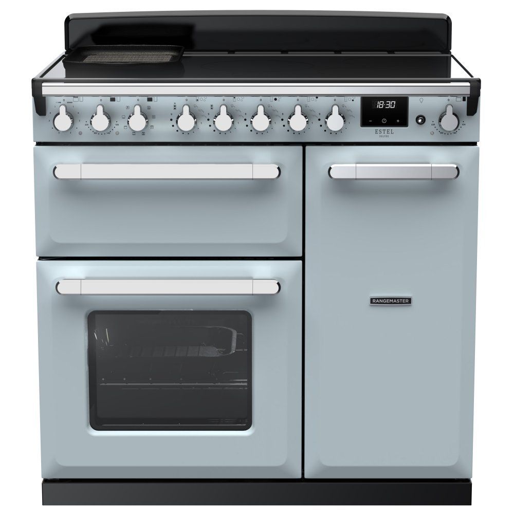 Rangemaster ESDL90EIPMSB/CM1 Estel Deluxe 90cm Induction Range Cooker With Chrome Trim 15032 - MISTY BLUE - Image 1