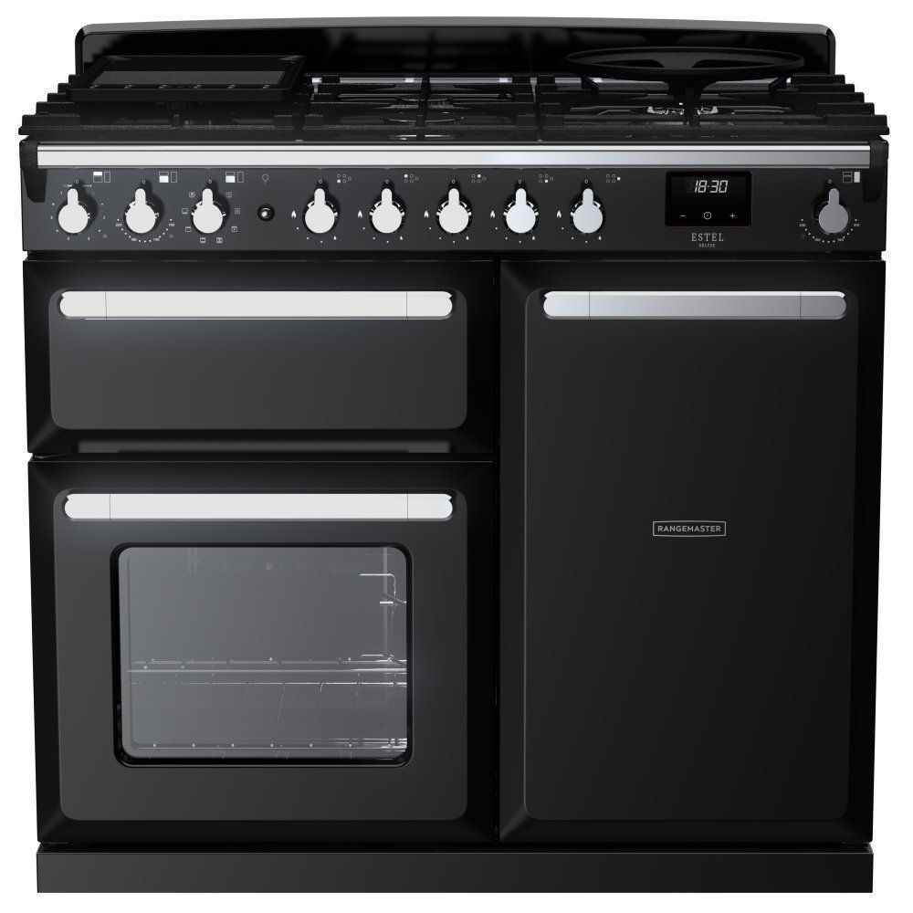 Rangemaster Estel Deluxe 100cm Dual Fuel Range Cooker - Gloss Black + Chrome - Image 1