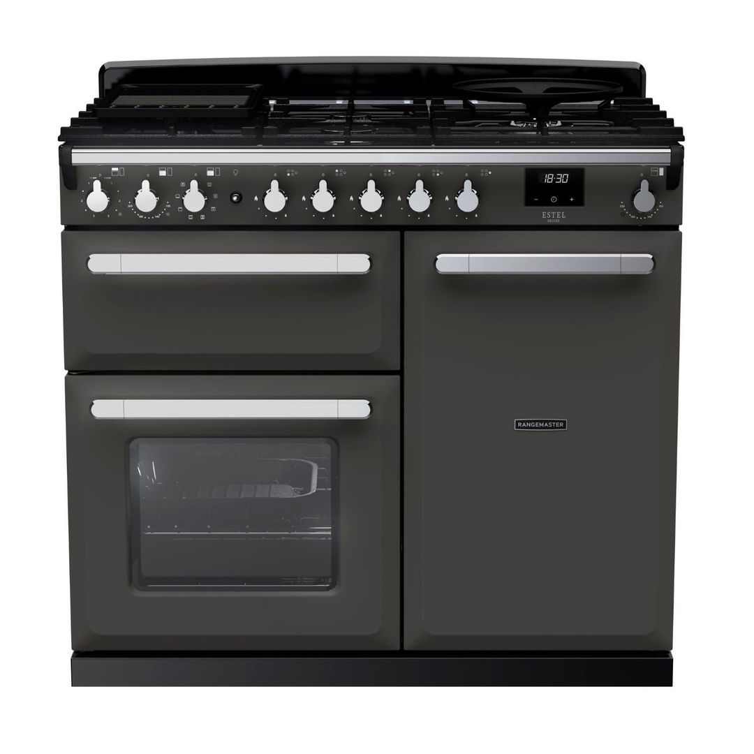 Rangemaster Estel Deluxe 100cm Dual Fuel Range Cooker - Slate + Chrome - Image 1