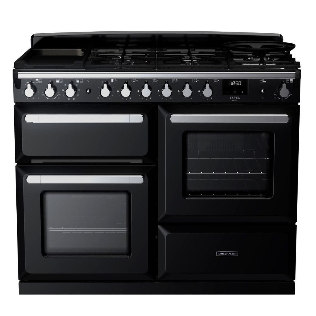 Rangemaster Estel Deluxe 110cm Dual Fuel Range Cooker - Gloss Black + Chrome - Image 1