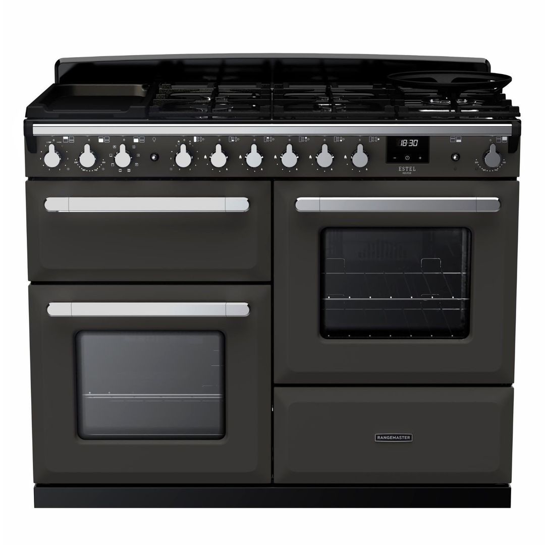 Rangemaster Estel Deluxe 110cm Dual Fuel Range Cooker - Slate + Chrome - Image 1