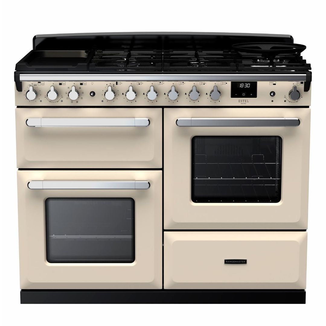 Rangemaster Estel Deluxe 110cm Dual Fuel Range Cooker - Pale Cream + Chrome - Image 1