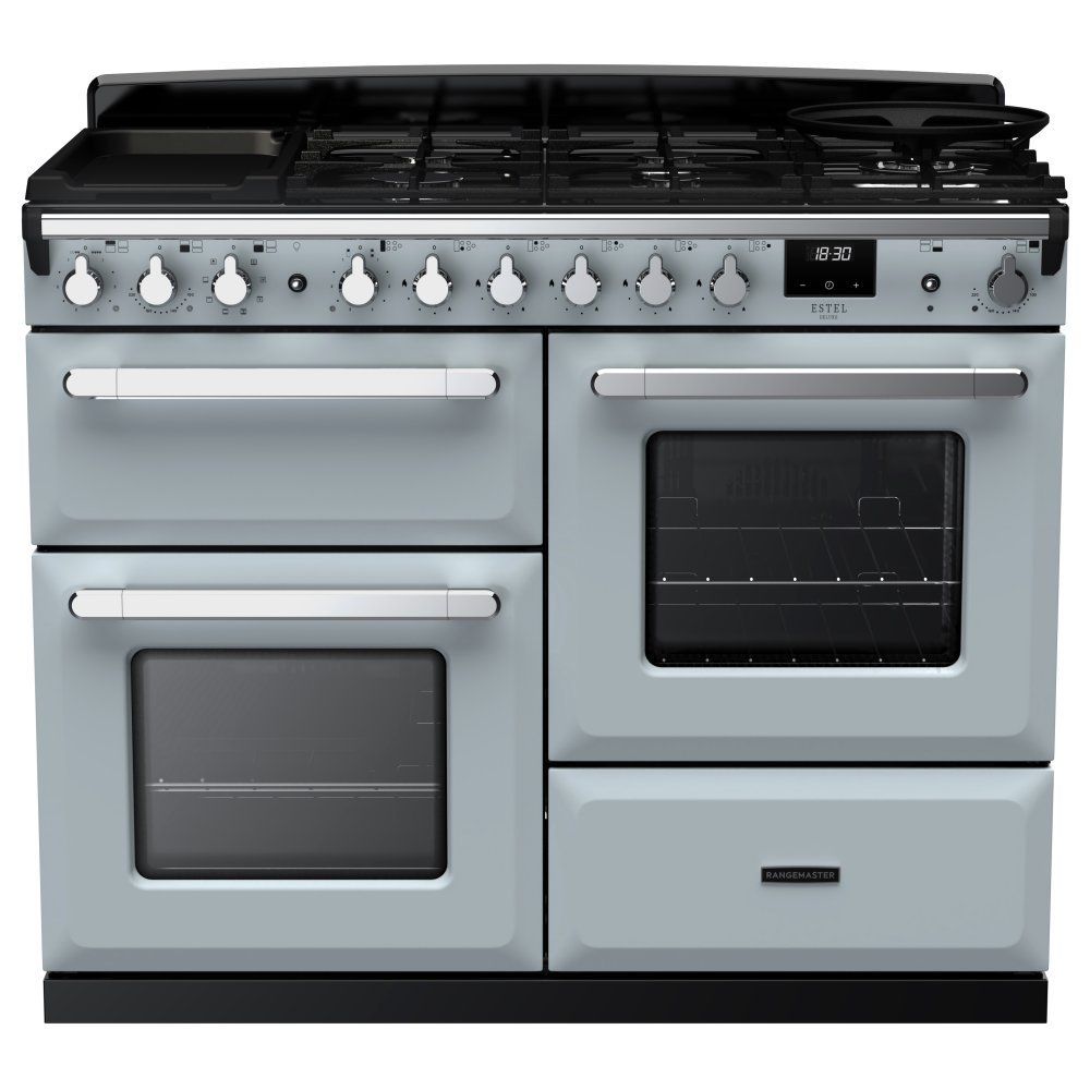 Rangemaster ESDLO110DFPMSB/CM1 Estel Deluxe OC 110cm Dual Fuel Range Cooker With Chrome Trim 15151 - MISTY BLUE - Image 1