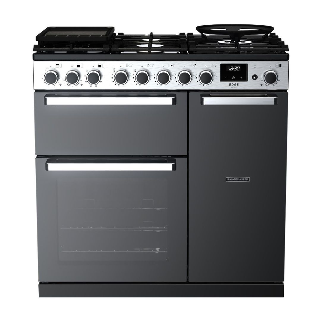 Rangemaster Edge Deluxe 90cm Dual Fuel Range Cooker - Black Glass - Image 1
