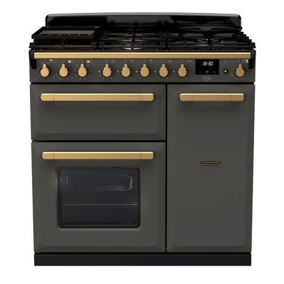 Rangemaster ESDL90DFPSLT/AB1 Estel Deluxe 90cm Dual Fuel Range Cooker With Antique Brass Trim 18033 - SLATE