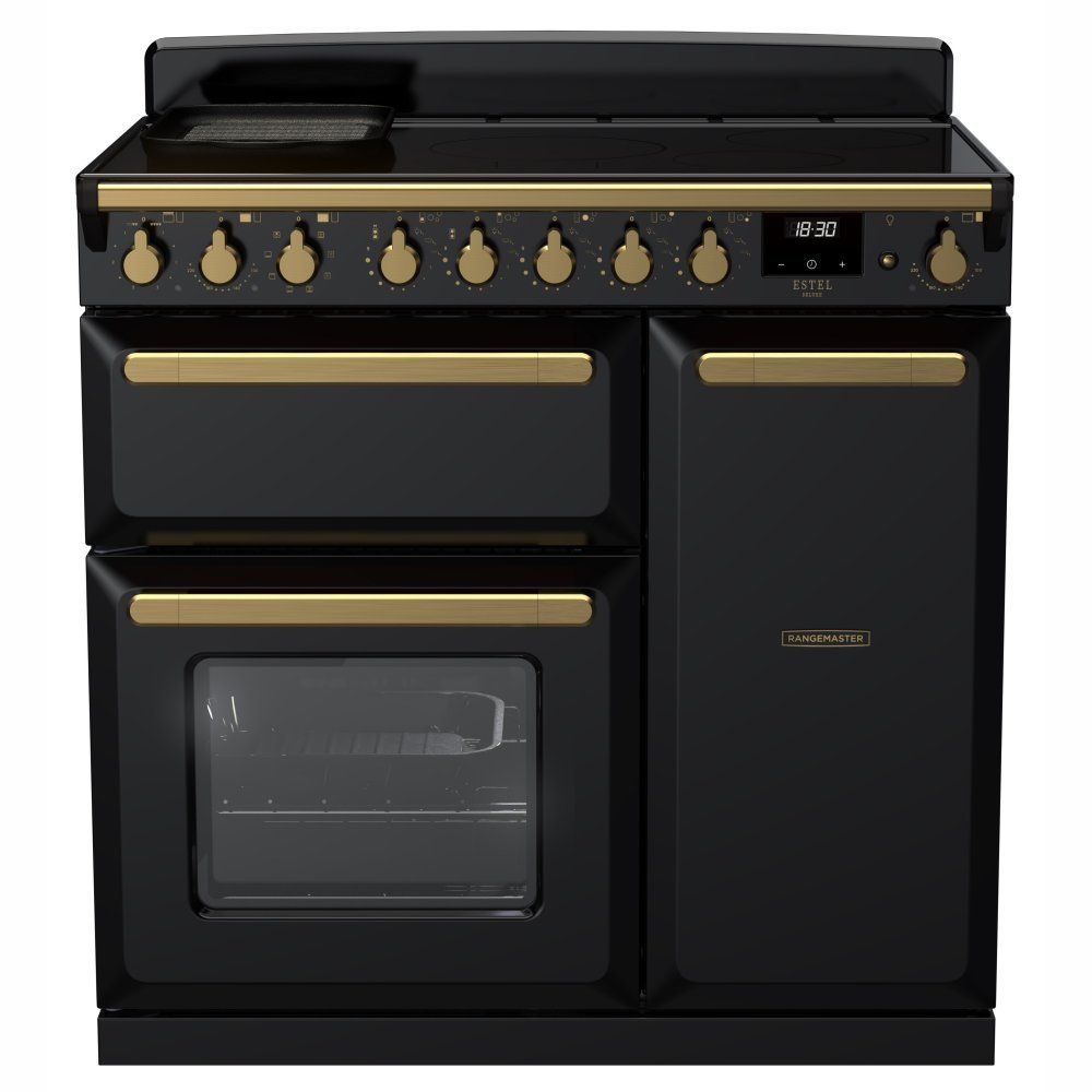 Rangemaster ESDL90EIPGBL/AB1 Estel Deluxe 90cm Induction Range Cooker With Antique Brass Trim 18053 - BLACK - Image 1