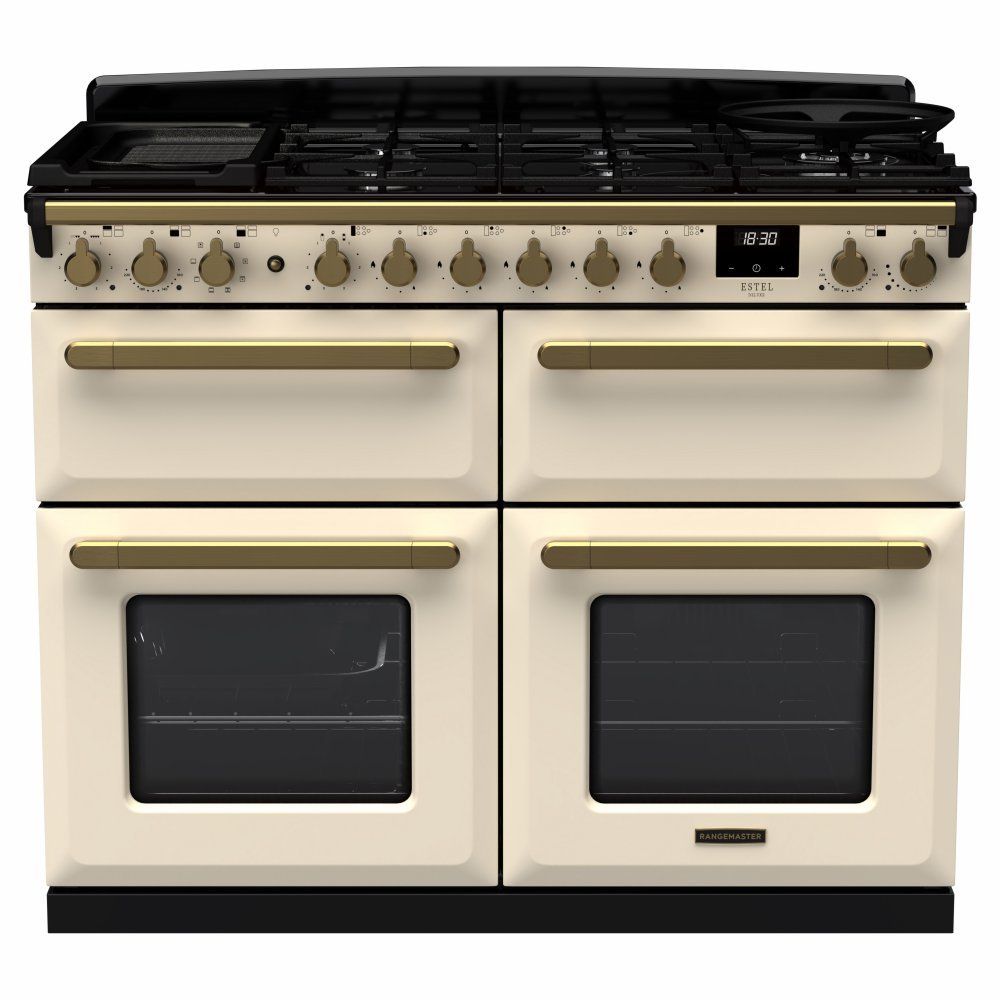 Rangemaster ESDLB110DFPPCR/AB1 Estel Deluxe BC 110cm Dual Fuel Range Cooker With Antique Brass Trim 18146 - PALE CREAM - Image 1