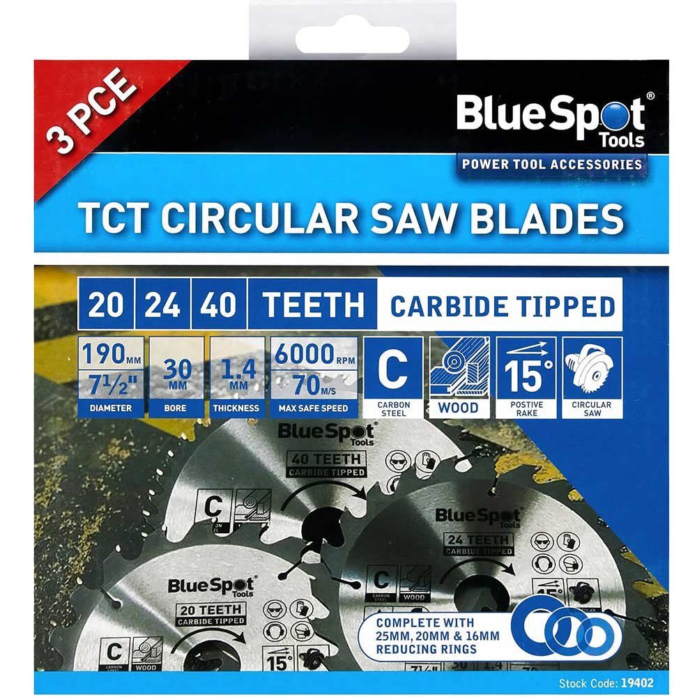 Bluespot 3 Piece Circular Saw Blade Set 190mm 190mm Assorted Teeth 30mm - Image 1