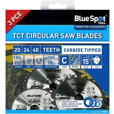 Bluespot 3 Piece Circular Saw Blade Set 190mm 190mm Assorted Teeth 30mm