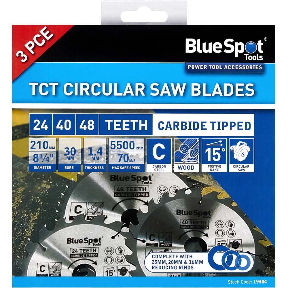 Bluespot 3 Piece Circular Saw Blade Set 210mm 210mm Assorted Teeth 30mm - Image 1