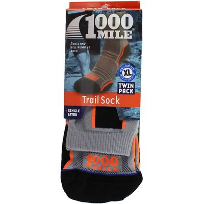 1000 Mile 2 Pair Repreve Trail Socks Black Orange 9-11.5 Mens