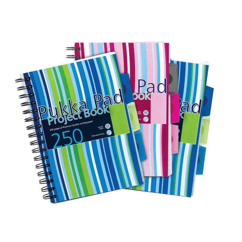 Pukka Pad A5 Wirebound Polypropylene Cover Project Book Ruled 250 Pages Assorted Stripe Colours (Pack 3) - PROBA5 - Image 1