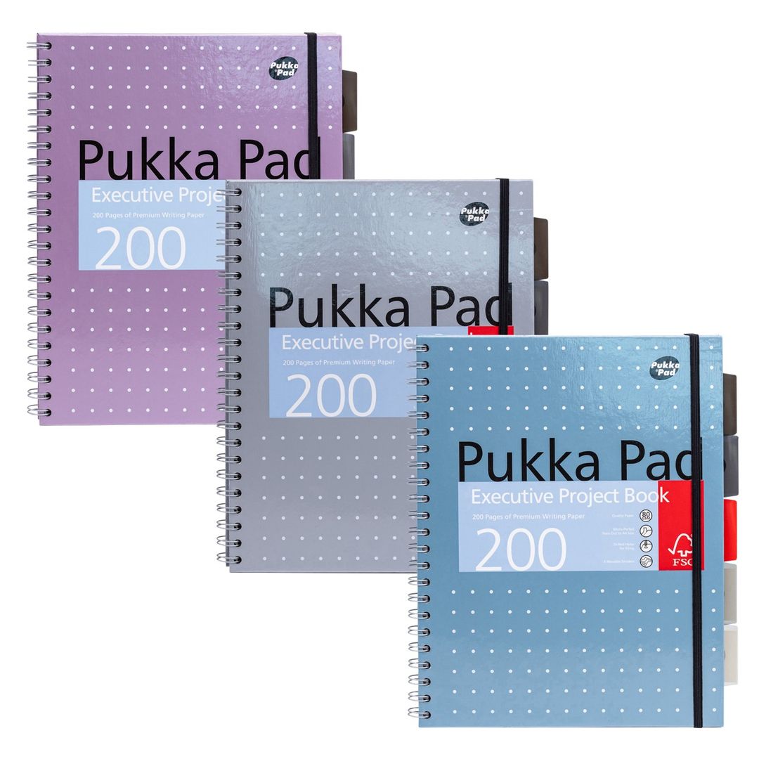Pukka Pad Executive Metallic Project Book A4 Wirebound Ruled 200 Page Hard Back Assorted (Pack 3) 6970-MET - Image 1
