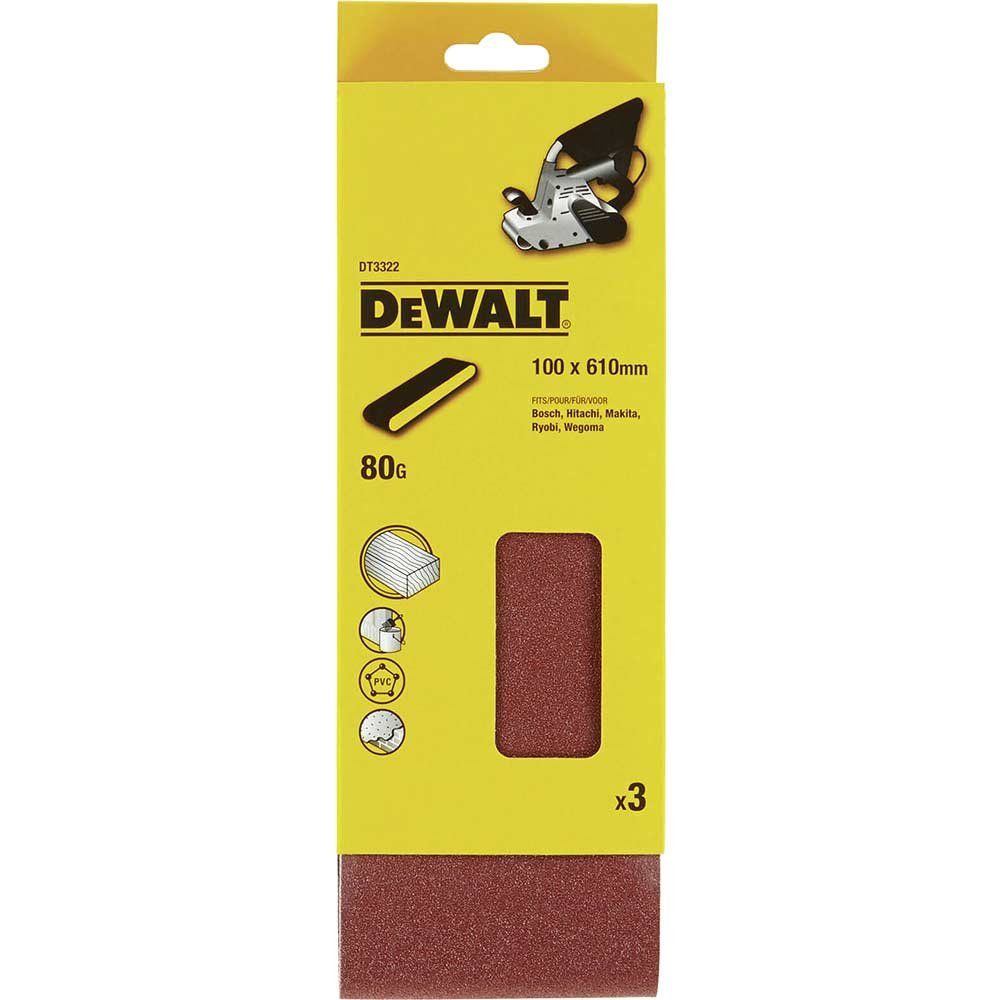 DeWalt 100 x 610mm Multi Purpose Sanding Belts 100mm x 610mm 80g Pack of 3 - Image 1
