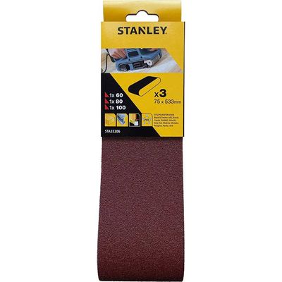 Stanley 75mm x 533mm Sanding Belts 75mm x 533mm Assorted Pack of 3