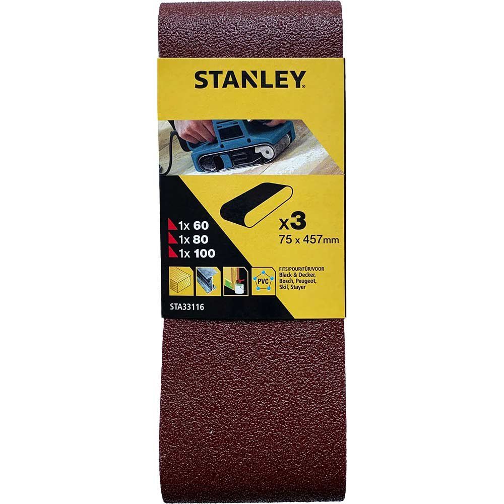 Stanley 75mm x 457mm Sanding Belts 75mm x 457mm Assorted Pack of 3 - Image 1