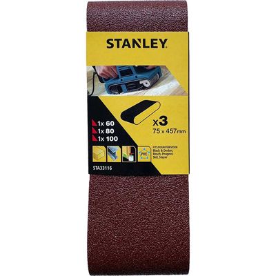 Stanley 75mm x 457mm Sanding Belts 75mm x 457mm Assorted Pack of 3