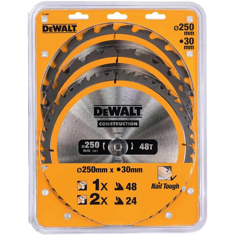 Dewalt DT1963-QZ Dt1963 Construction Circular Saw Blade 3 Pack 250 X 30Mm X 24T/48T - Image 1
